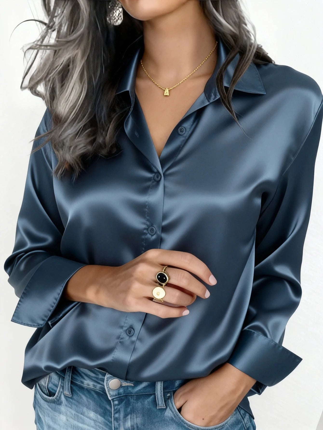 Women's Satin Button-Up Blouse, Elegant Collared Shirt