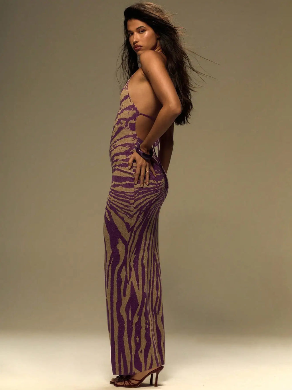Purple & Beige Zebra Print Knitted Halter Maxi