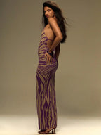 Purple & Beige Zebra Print Knitted Halter Maxi