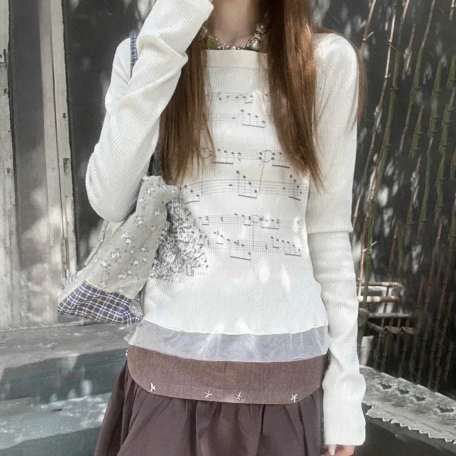 Women T-shirt Long Sleeve Boat Neck Music Notes