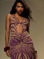 Purple & Beige Zebra Print Knitted Halter Maxi