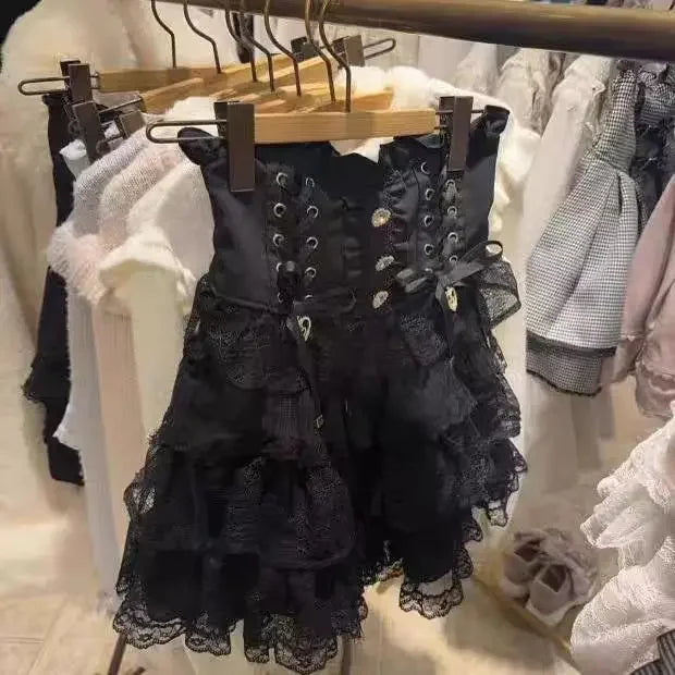 Lolita Style Mini Skirt Women Elegant Lace Metal Buckle Skirt