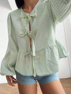 Red & White Gingham Blouse Bow Tie Front Puff Sleeves