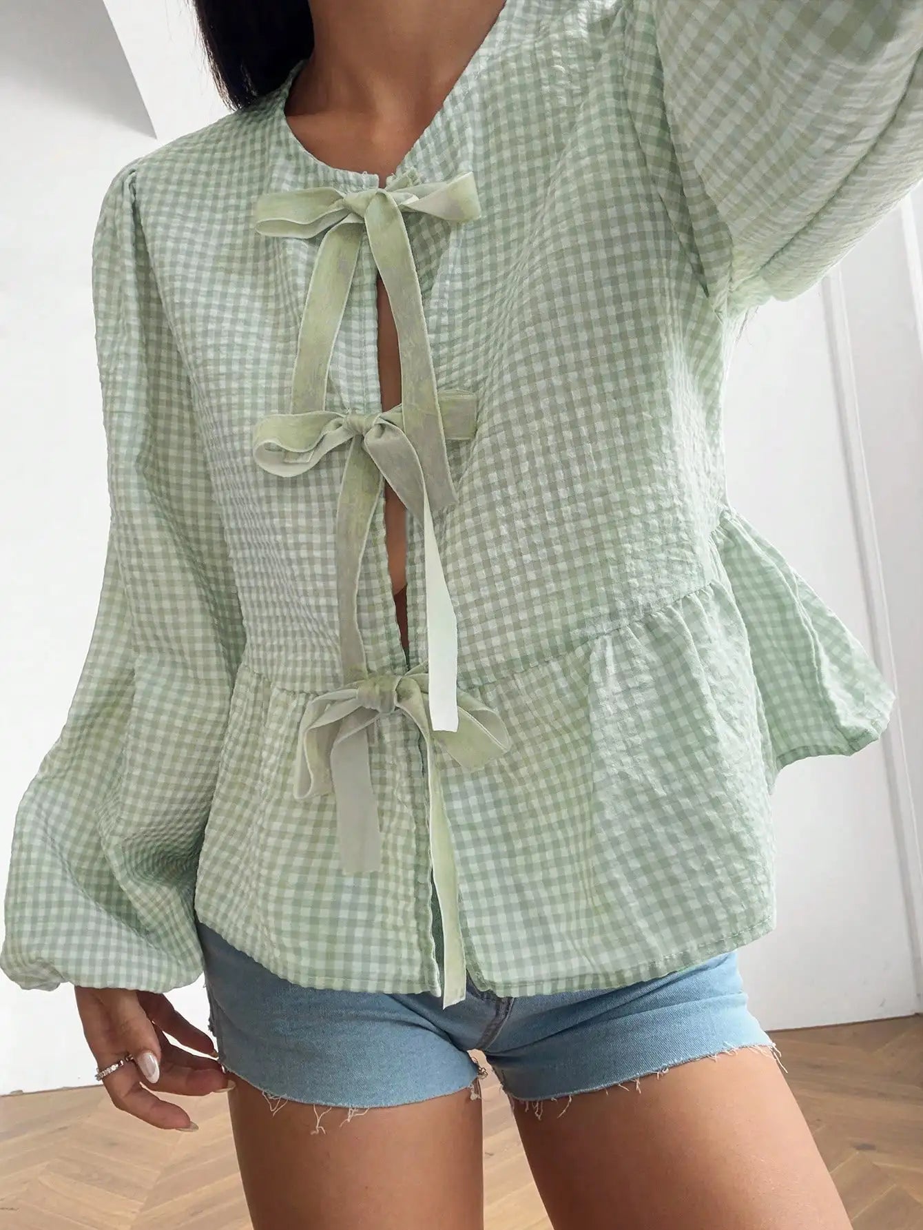 Red & White Gingham Blouse Bow Tie Front Puff Sleeves