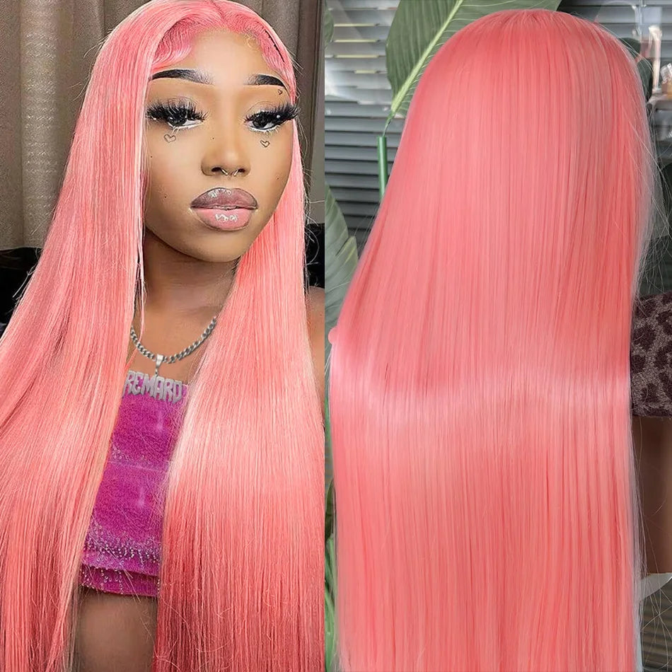 Pink Human Hair Wig Colored Body Wave Lace Front Wig
 13X6 Lace Frontal Wig 250 Density Brazilian Wig Original 40 Inch Natural