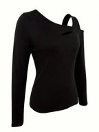 Hollow Out Asymmetric Shoulder Long Sleeve T-Shirt
