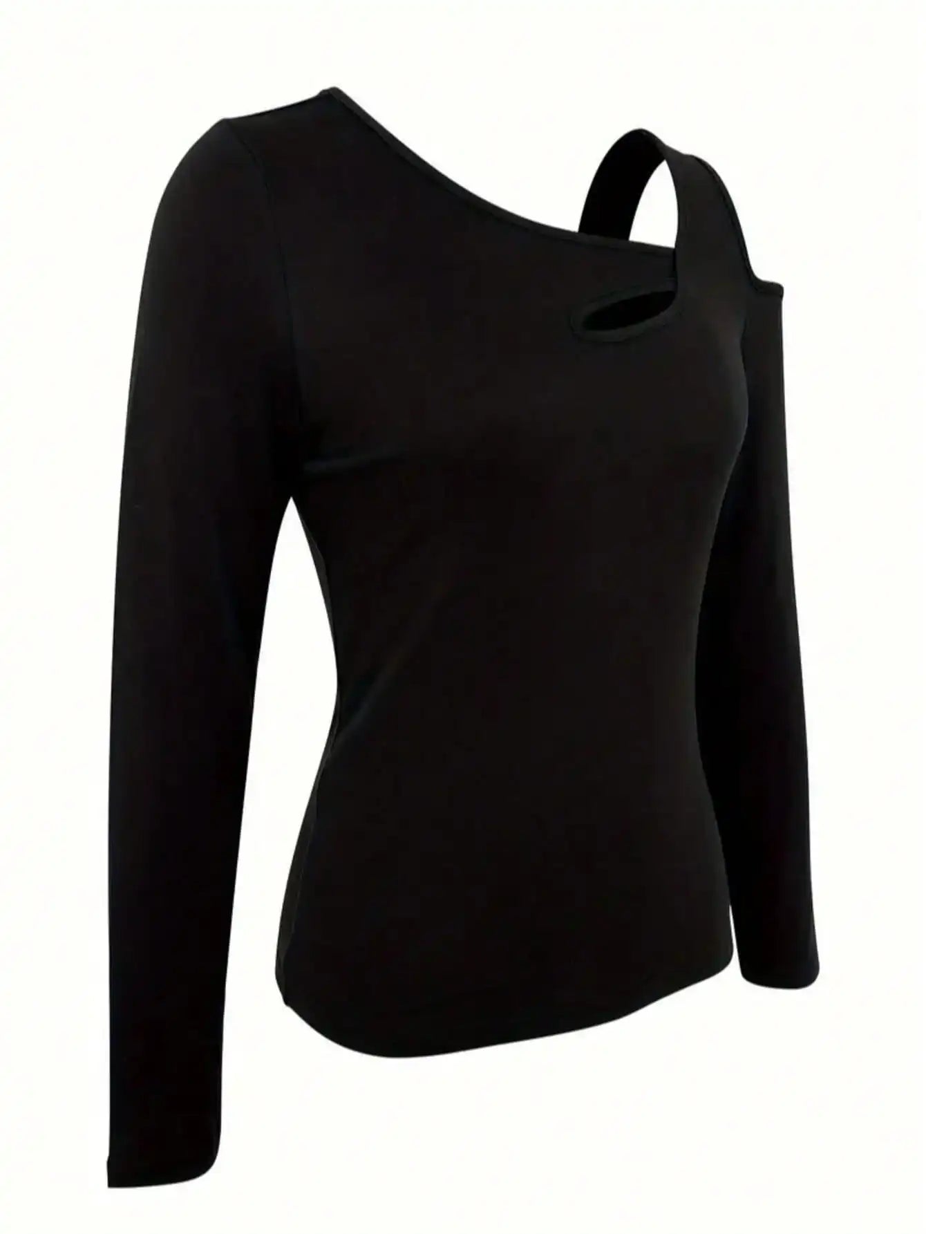 Hollow Out Asymmetric Shoulder Long Sleeve T-Shirt