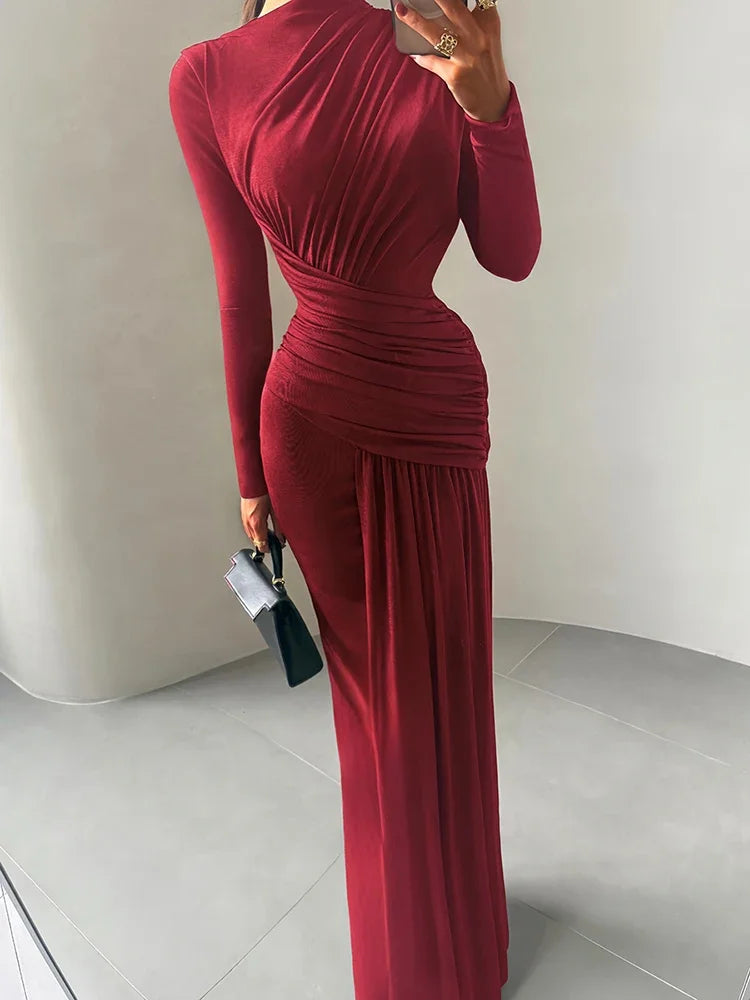 Maxi Dress Women o-Neck Full Sleeve Solid