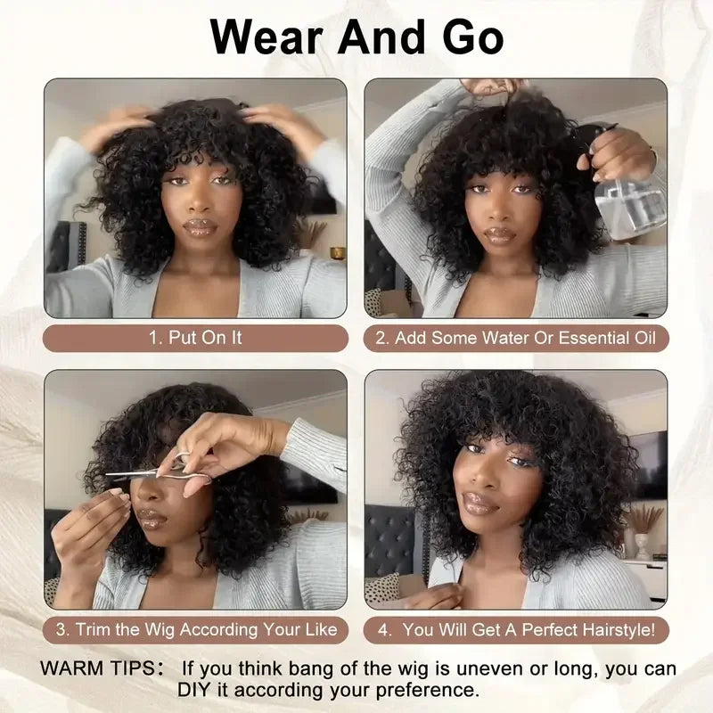 Curly Human Hair Wigs Full Machine Made for Women 
Short Bob With Bangs Affordable Natural Black Hairline Styling Ready