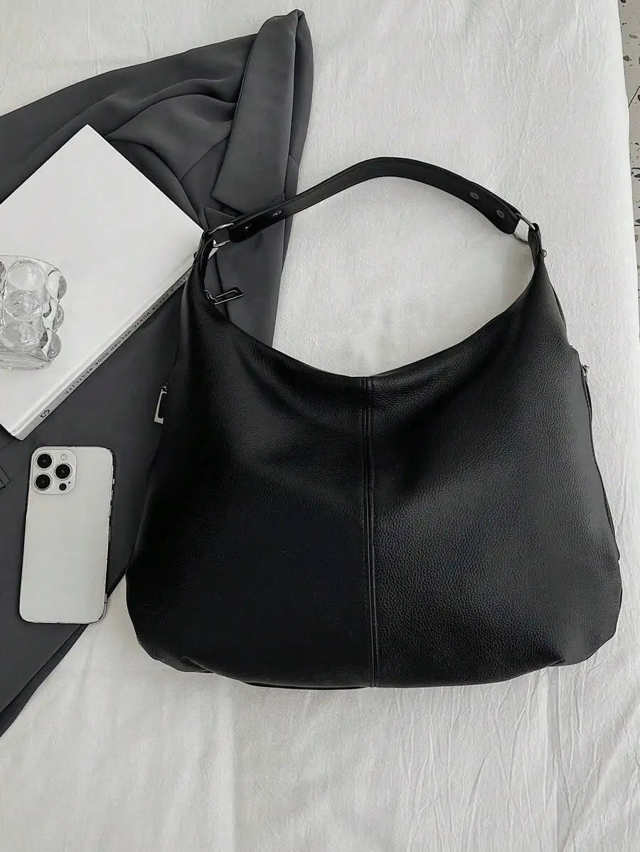 Black Faux Leather Shoulder Bag  Zipper Closure