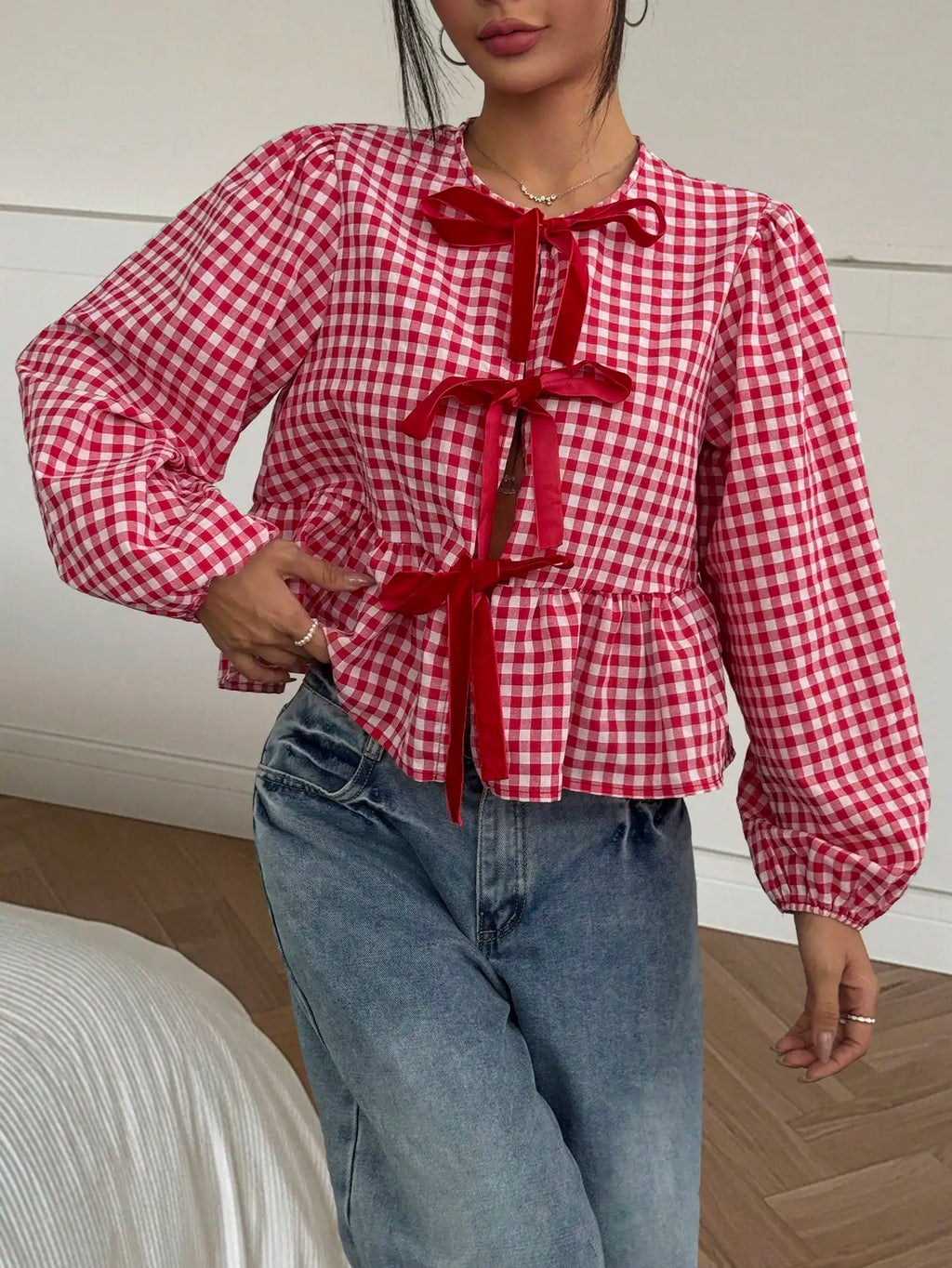 Red & White Gingham Blouse Bow Tie Front Puff Sleeves