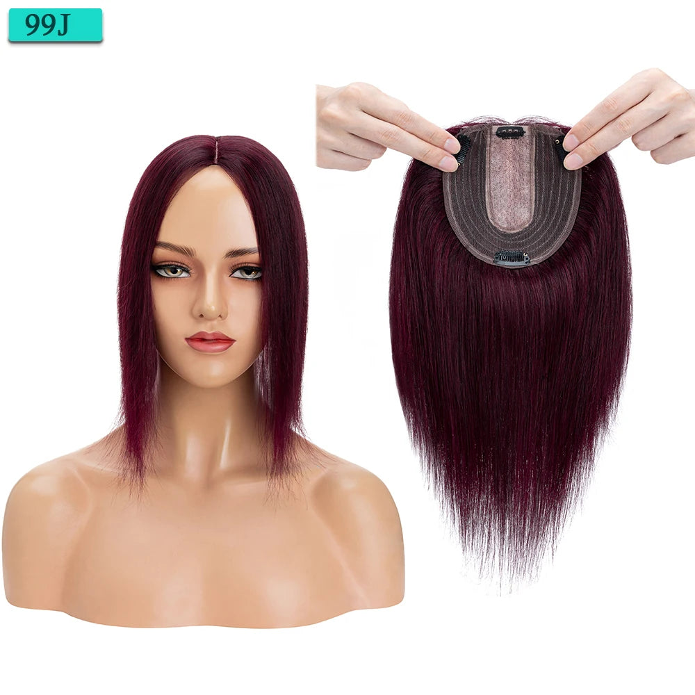 10x12cm Women Human Hair Toppers Silk Base Straight
 4 Clips In Hair Piece Brown Blonde