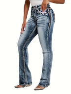 Women's blue stretch embroidered denim bell-bottom pants