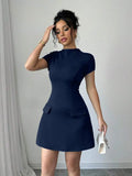 Black Solid Stand Collar Short Sleeve Mini Dress