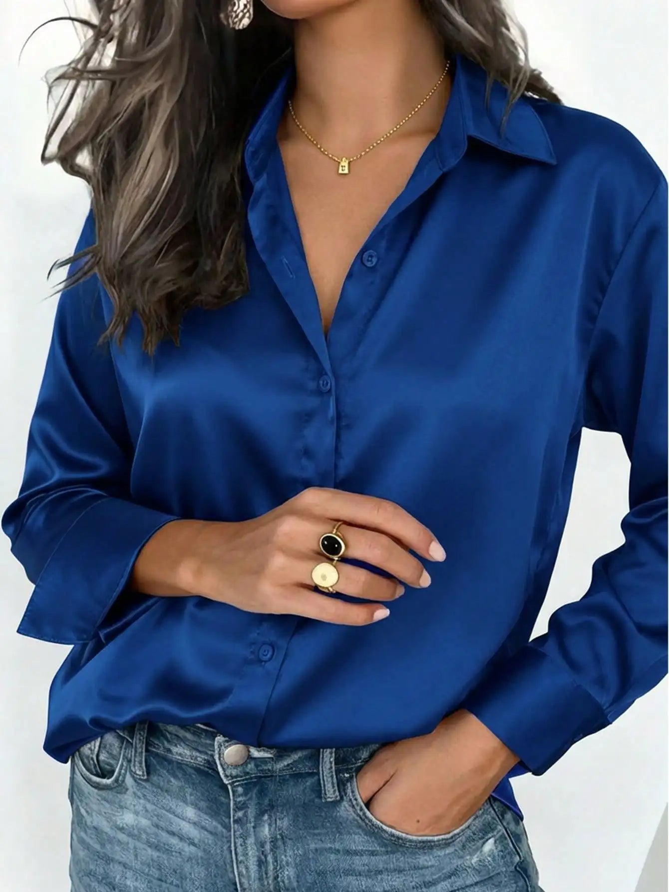 Women's Satin Button-Up Blouse, Elegant Collared Shirt