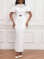 Elastic Dress Beaded Shawl Sleeves, Belted, Slimming Long Skirt