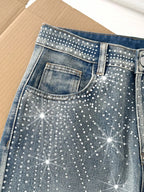 Rhinestone Embellished Straight Leg Blue Jeans