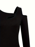 Hollow Out Asymmetric Shoulder Long Sleeve T-Shirt