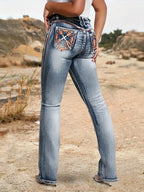 Women's blue stretch embroidered denim bell-bottom pants