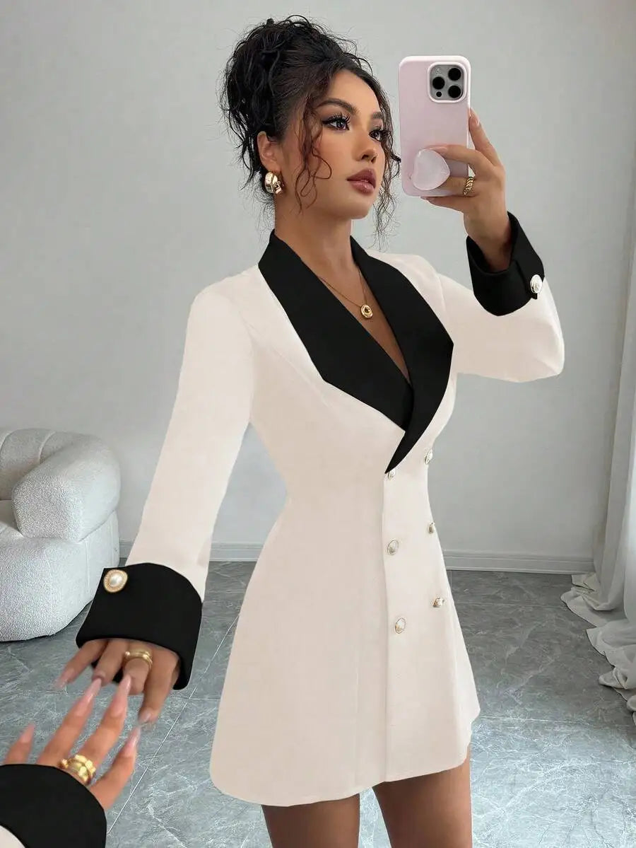 Black & WHITE Blazer Gold Buttons, Long Sleeve V-Neck Mini Dress