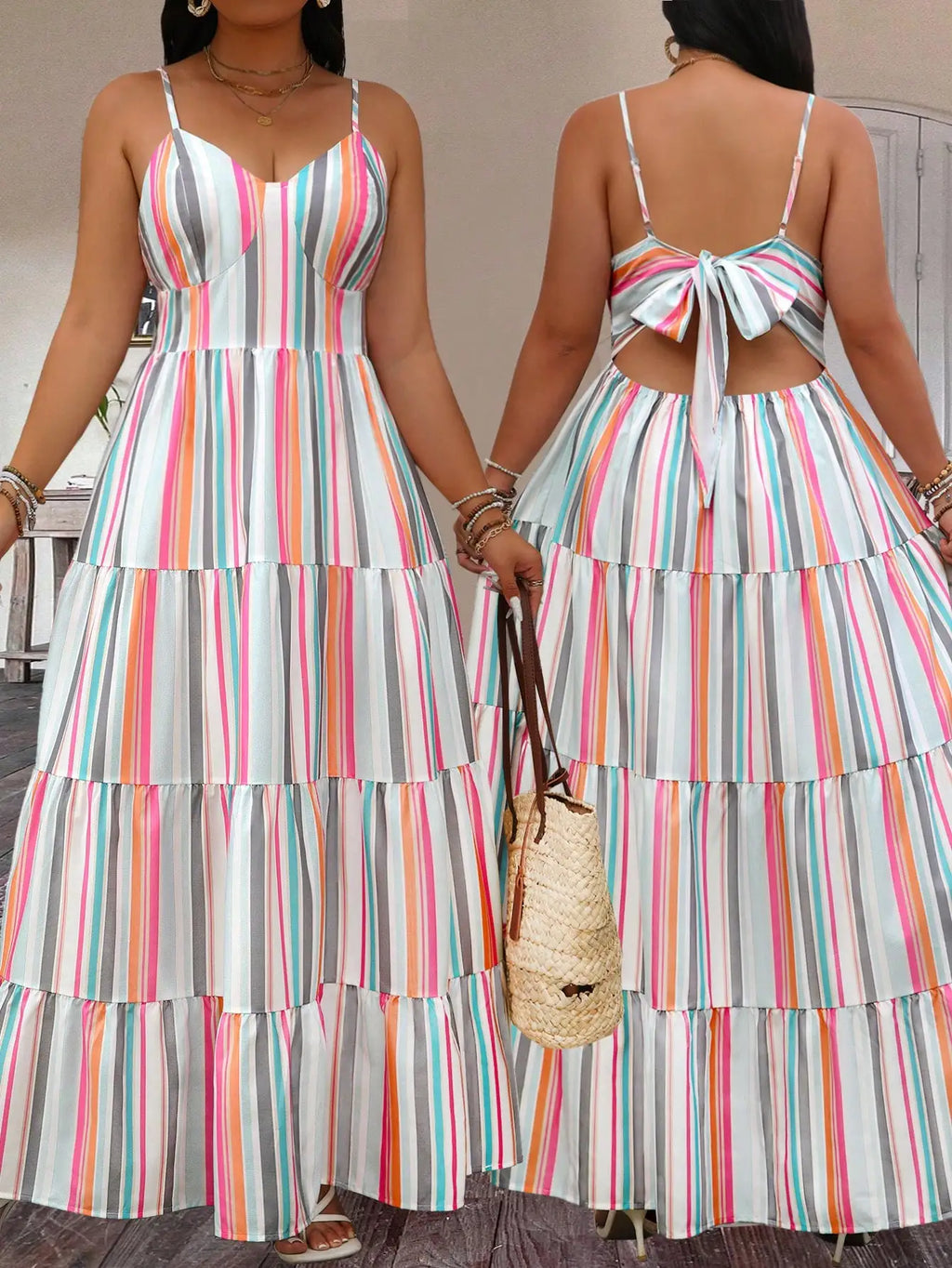 Boho Plus Size Maxi Dress with Back Tie & Tiered Skirt for Summer Beach Vacations