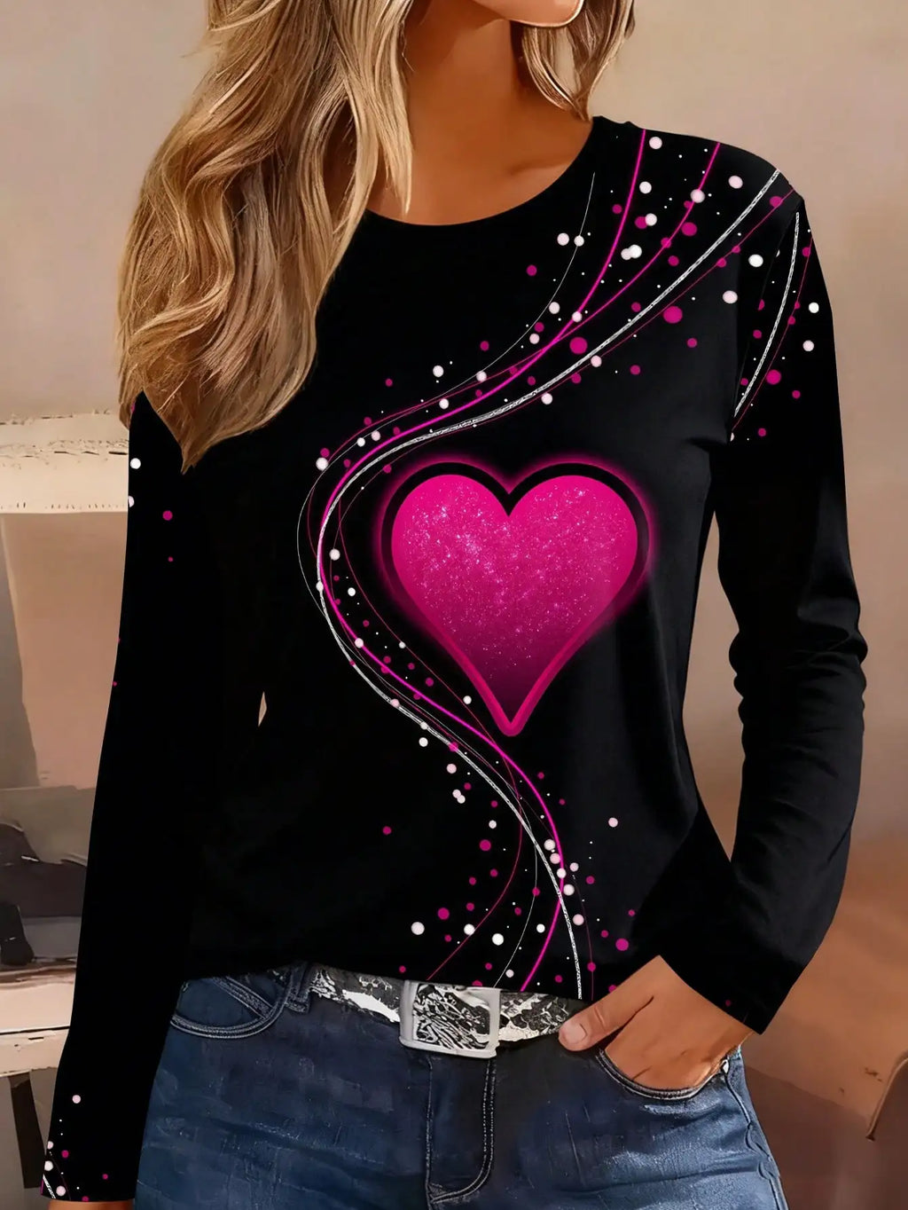 Women's Long Sleeve Butterfly Print T-Shirt, Round Neck Top