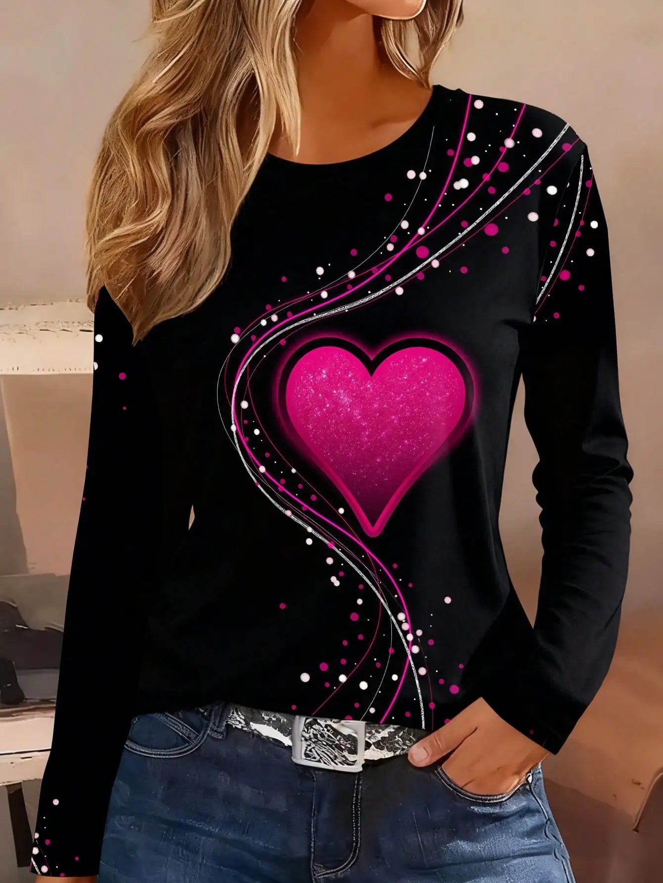 Women's Long Sleeve Butterfly Print T-Shirt, Round Neck Top
