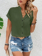 V-Neck Short Sleeve Button Down Shirt