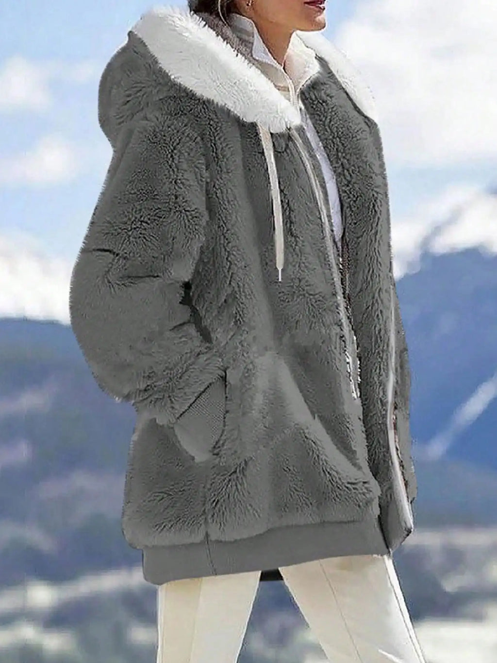 Loose Plush Zipper Hooded Jacket For Women