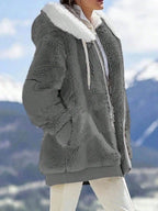 Loose Plush Zipper Hooded Jacket For Women