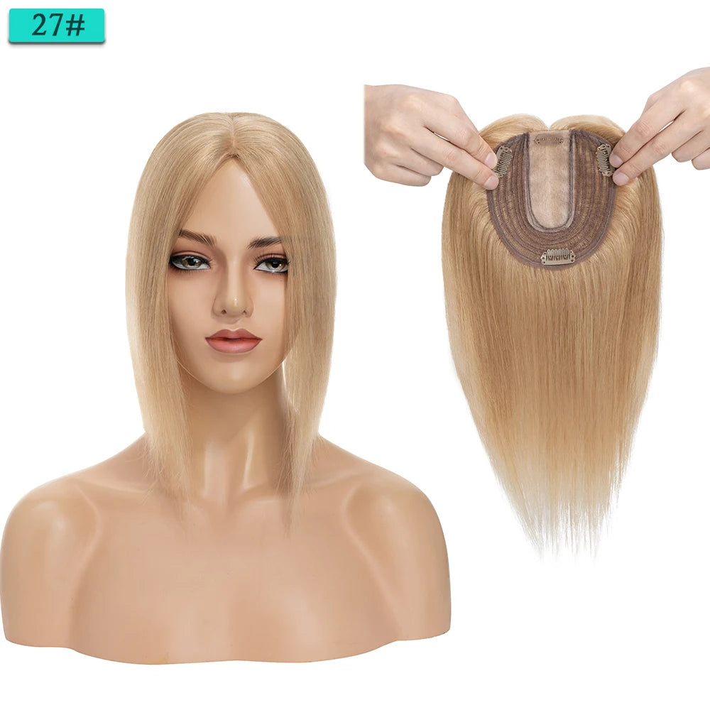 10x12cm Women Human Hair Toppers Silk Base Straight
 4 Clips In Hair Piece Brown Blonde