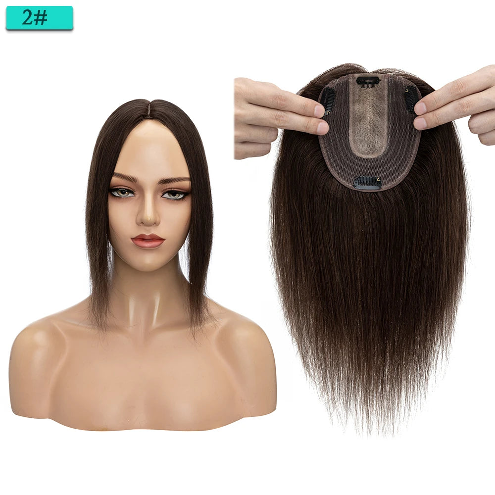 10x12cm Women Human Hair Toppers Silk Base Straight
 4 Clips In Hair Piece Brown Blonde