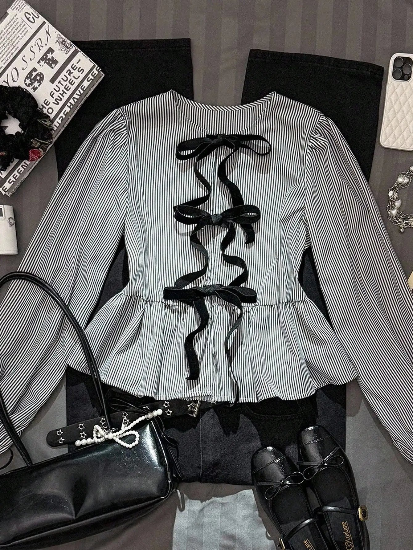 Red & White Gingham Blouse Bow Tie Front Puff Sleeves