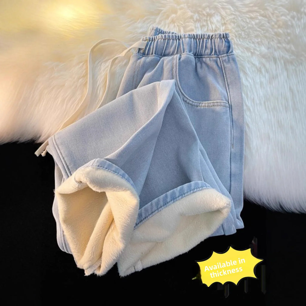Fleece Lined Thickened Jeans Elastic Waist