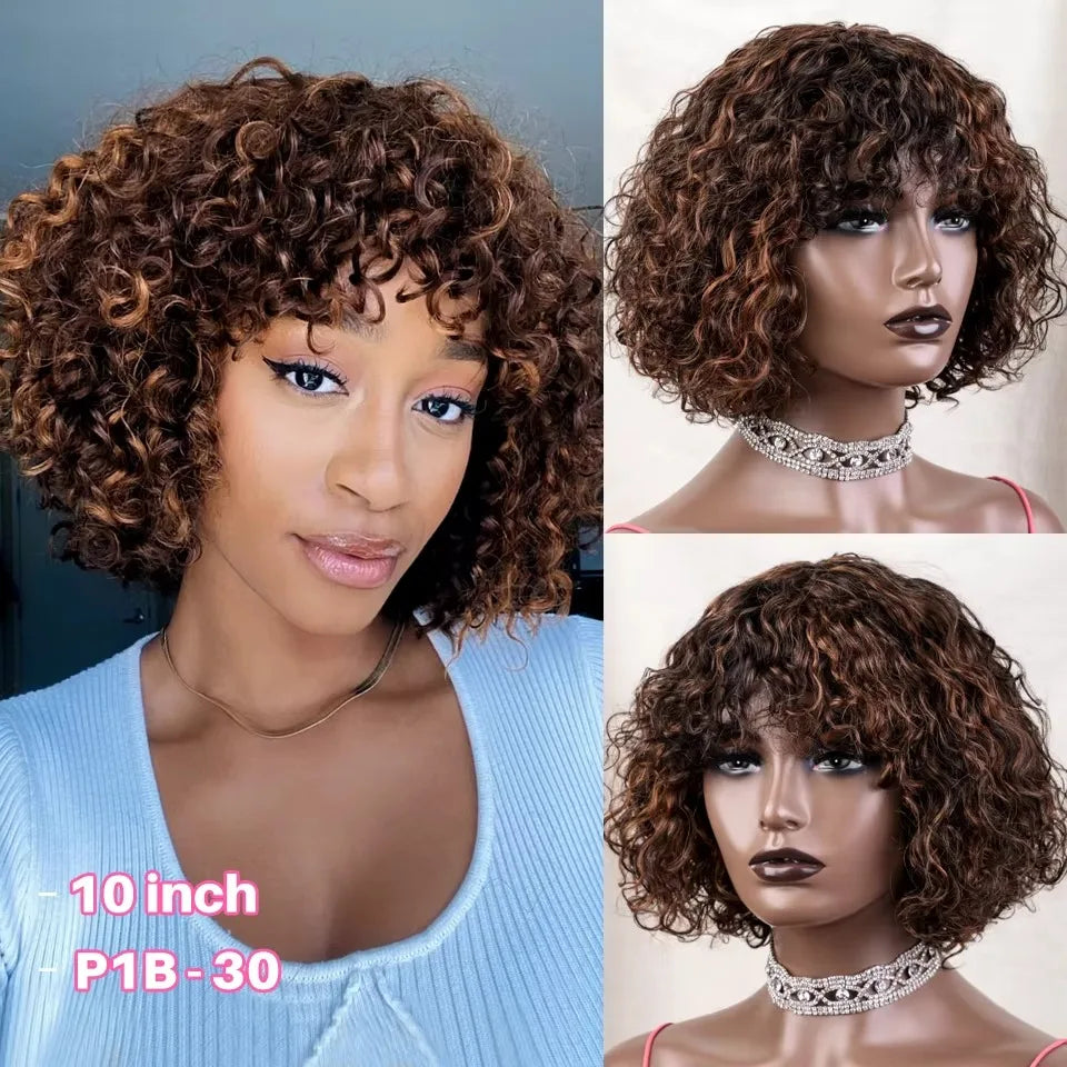 Curly Human Hair Wigs Full Machine Made for Women 
Short Bob With Bangs Affordable Natural Black Hairline Styling Ready