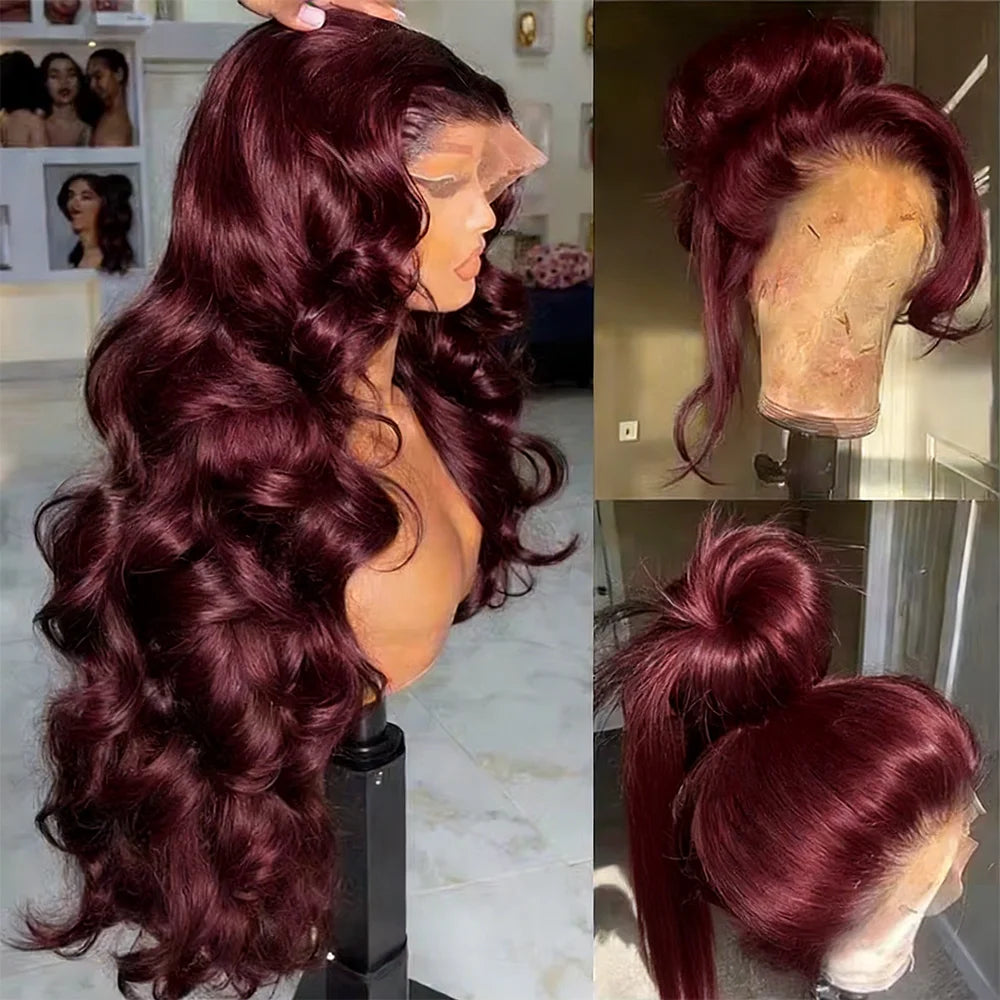 99j Burgundy 13x6 HD Lace Frontal Human Hair Wig 30 40 Inch Body Wave 
Lace Front Wigs 250 Density Red Colored Pre Plucked Wig