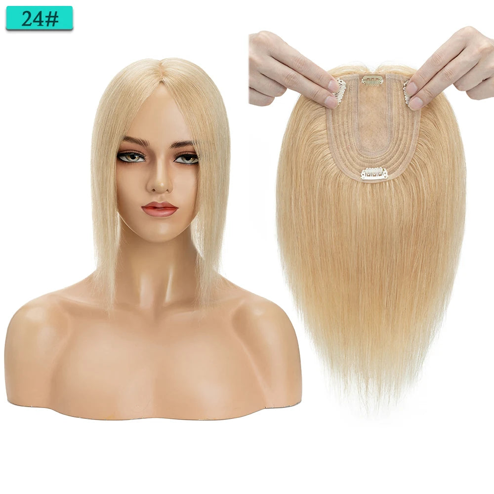 10x12cm Women Human Hair Toppers Silk Base Straight
 4 Clips In Hair Piece Brown Blonde