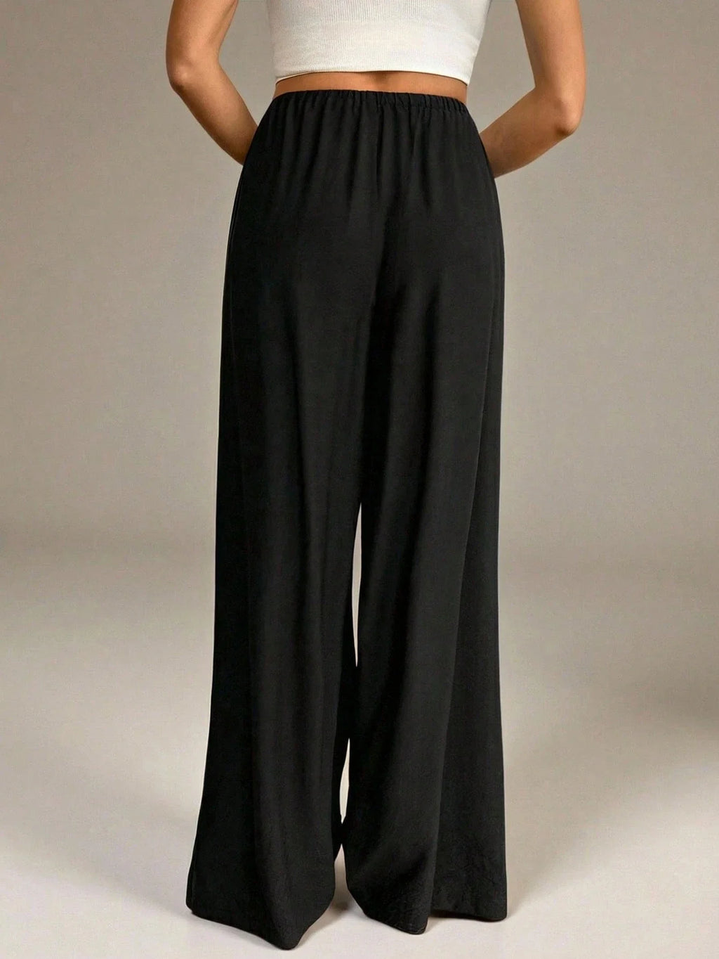 Women Wide Leg Pants Casual High Waist Elastic Drawstring Black