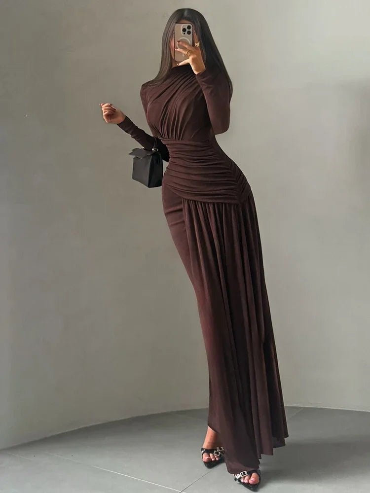 Maxi Dress Women o-Neck Full Sleeve Solid