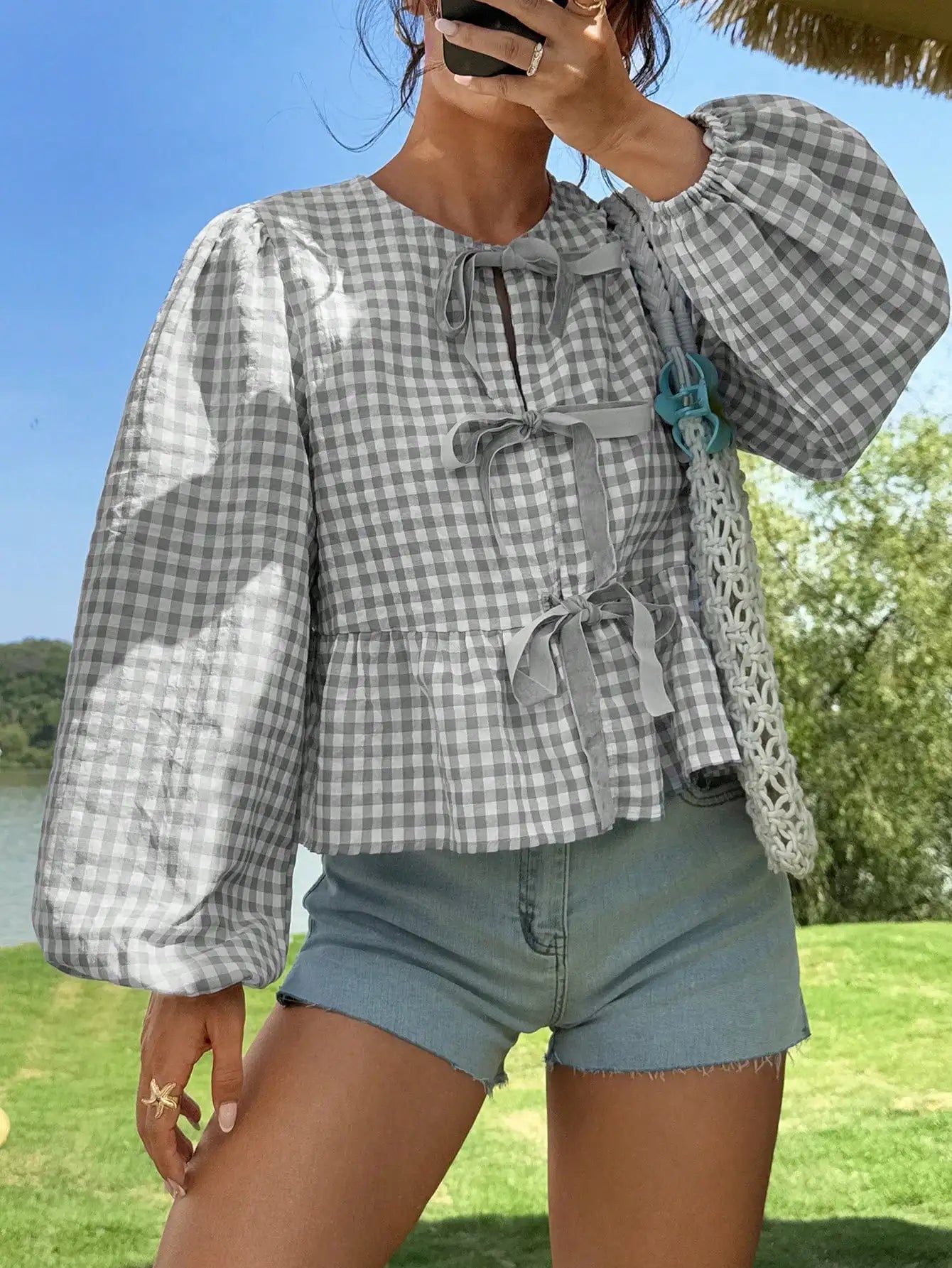 Red & White Gingham Blouse Bow Tie Front Puff Sleeves