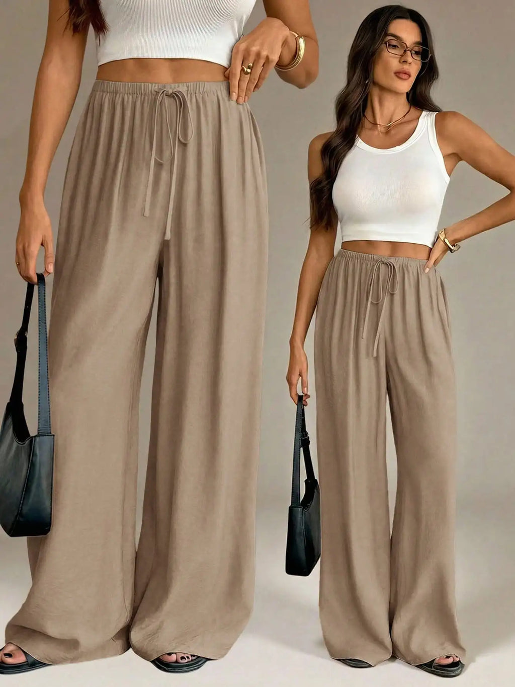 Women Wide Leg Pants Casual High Waist Elastic Drawstring Black