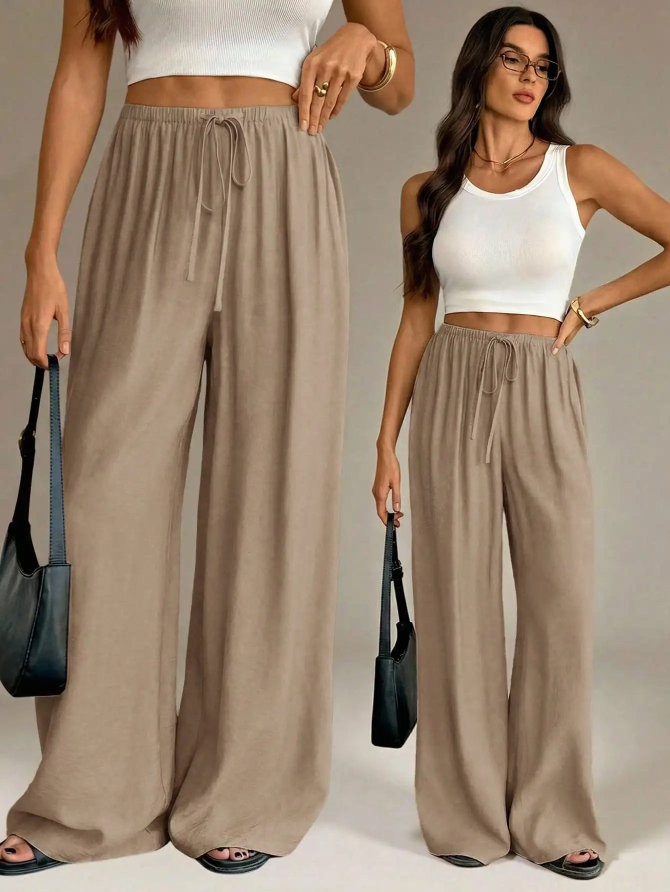 Women Wide Leg Pants Casual High Waist Elastic Drawstring Black
