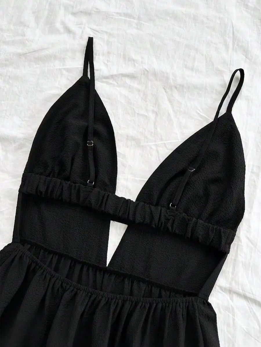 Black V-Neck Sleeveless Backless Summer Dress for Women, Casual Beach Party Wear