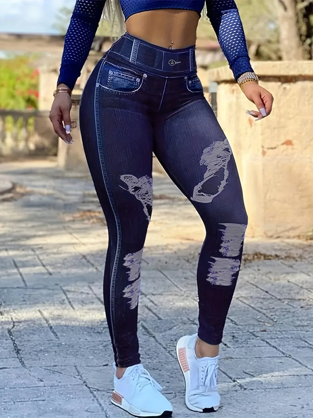 Leggings Faux Denim Print High Waist Hip Lifting Pants