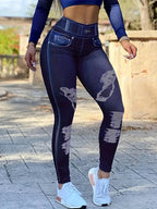 Leggings Faux Denim Print High Waist Hip Lifting Pants