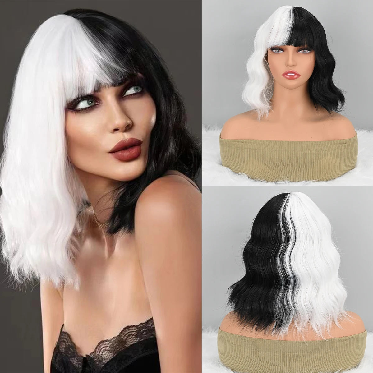 Short Wavy Shoulder Length Full Bang Heat Resistant Wig (Black and White)