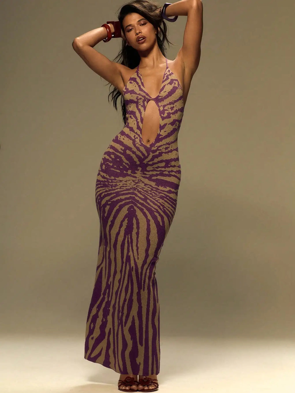 Purple & Beige Zebra Print Knitted Halter Maxi