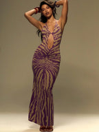 Purple & Beige Zebra Print Knitted Halter Maxi