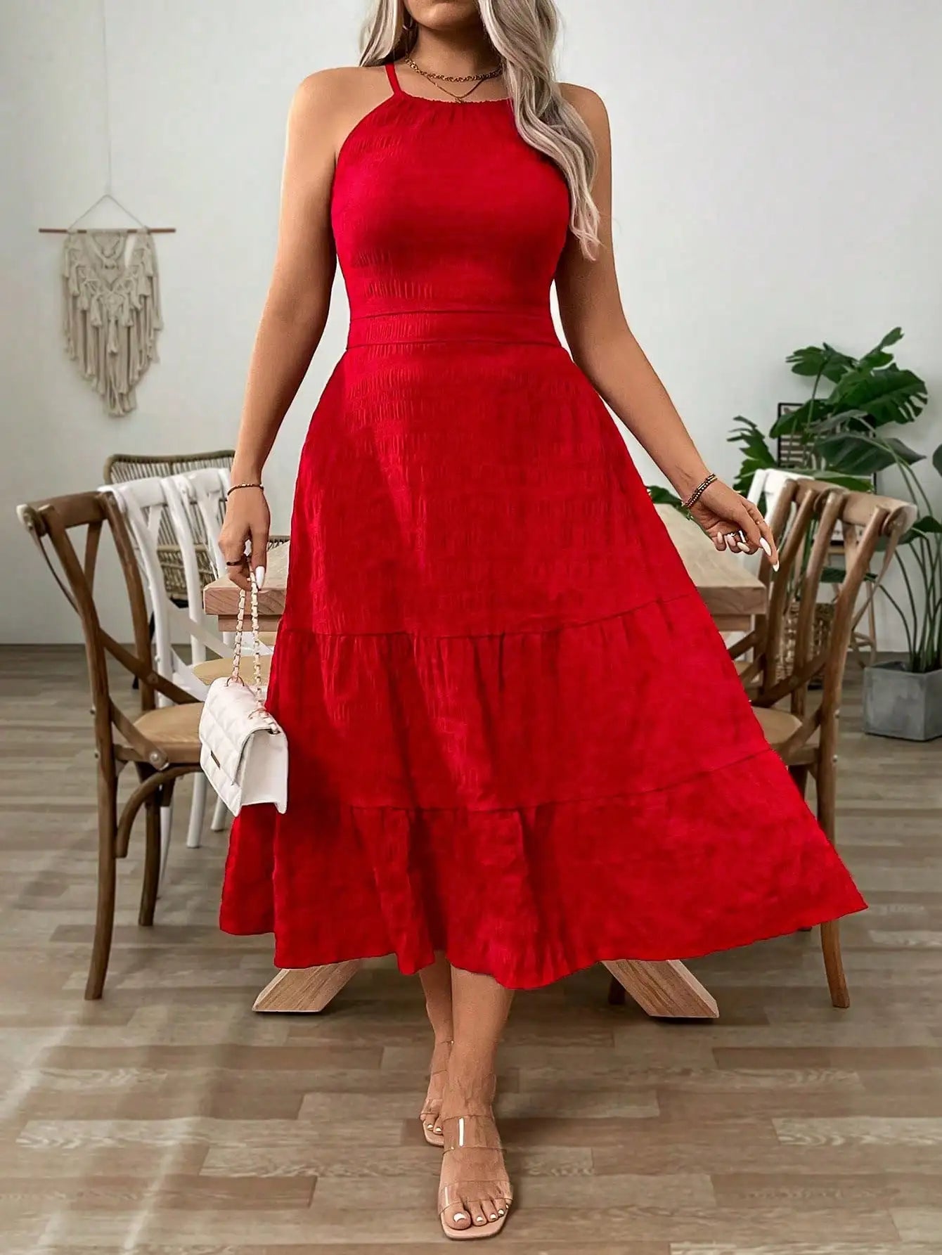 Red Plus Size Halter Maxi Dress with Ruffle Hem