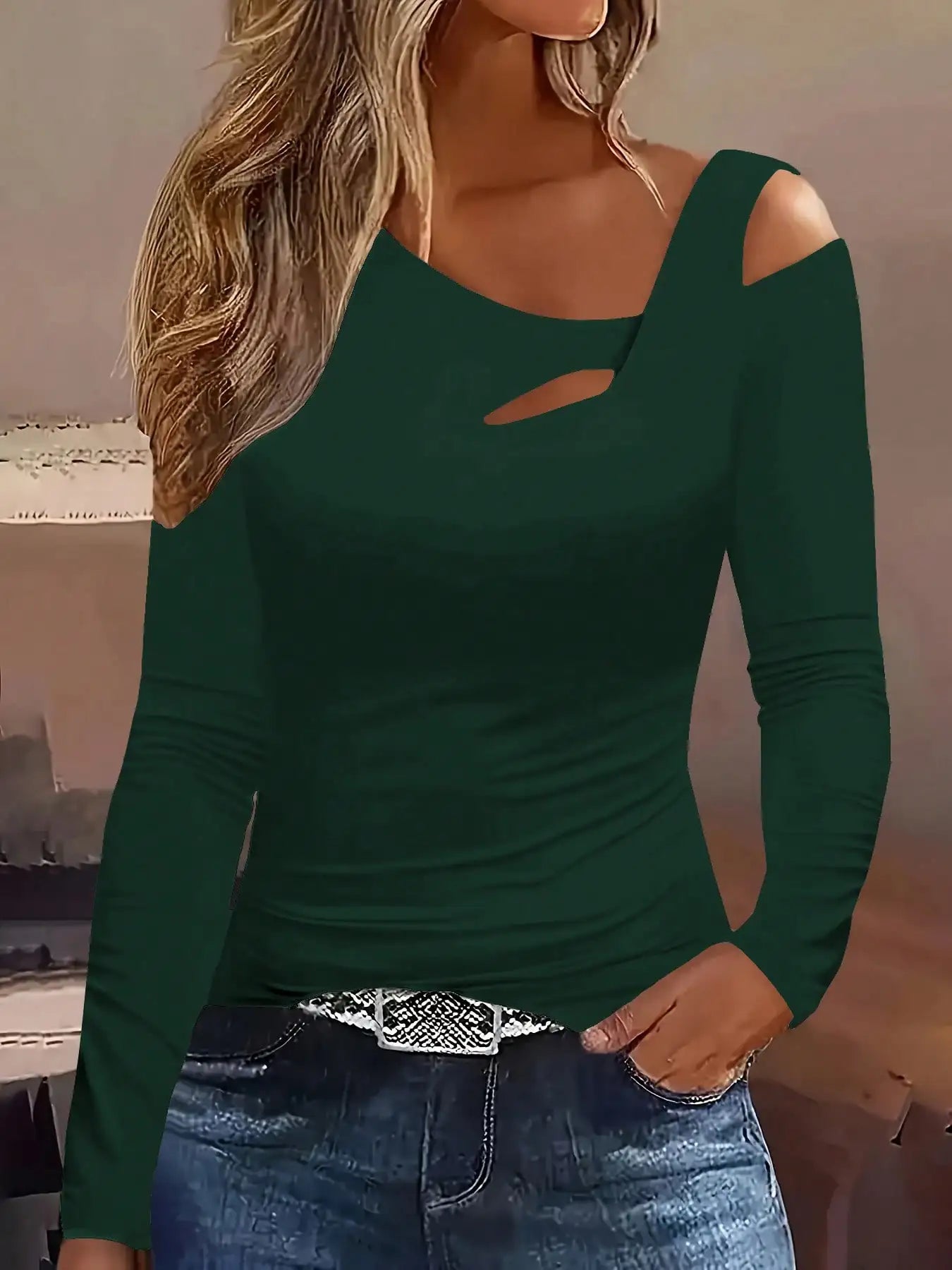 Hollow Out Asymmetric Shoulder Long Sleeve T-Shirt